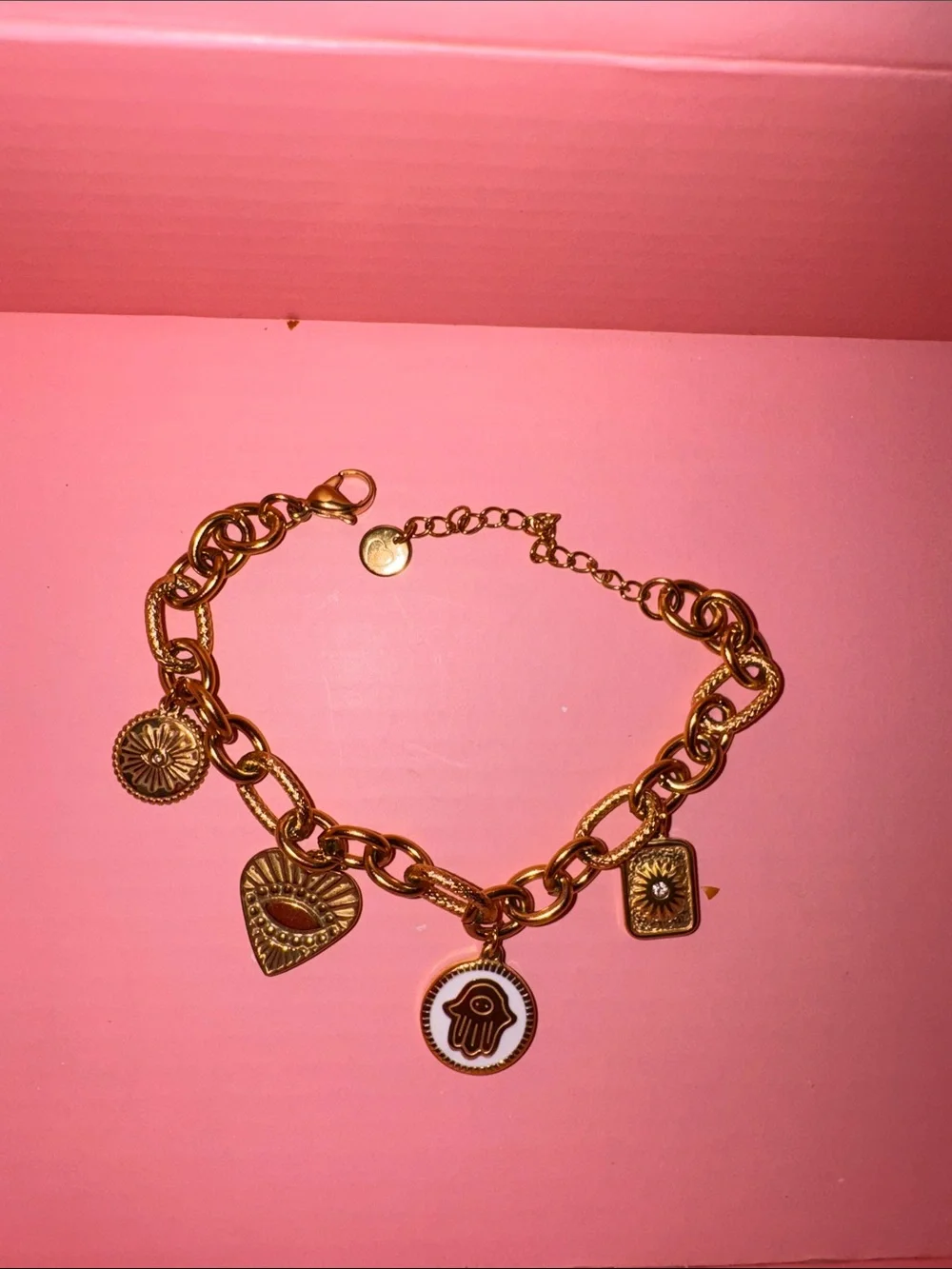 Stainless steel Charm Link Bracelet with Hamsa & Heart Charms